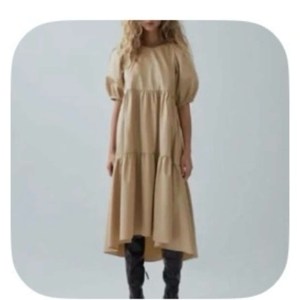 Zara all cotton sateen beige-tiered  poplin midi dress with two pickets high low